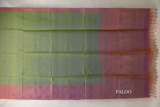 Dual Tone of Green and Violet with Dual Tone of Orange and Violet Borders Soft Silk Saree paloo