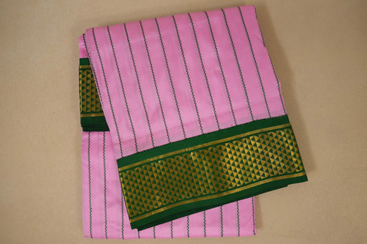 Baby Pink with green borders veldhari Ten yards silk saree by Shreenivas silks PSSR017964