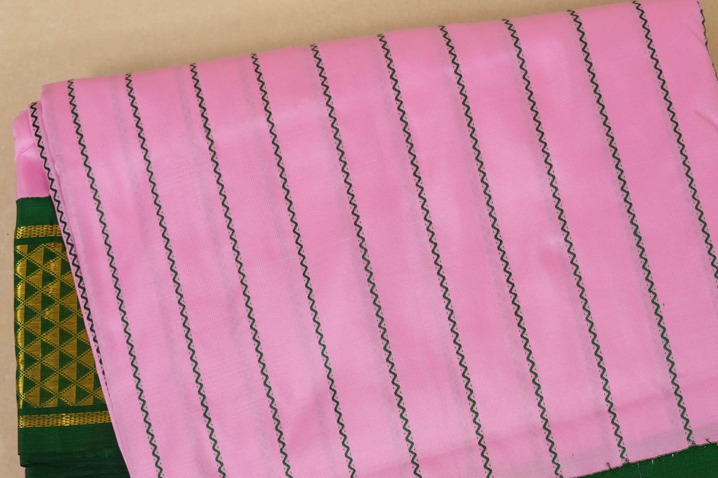 Baby Pink with green borders veldhari Ten yards silk saree by Shreenivas silks PSSR017964