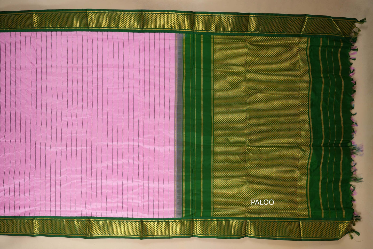 Baby Pink with green borders veldhari Ten yards silk saree by Shreenivas silks PSSR017964