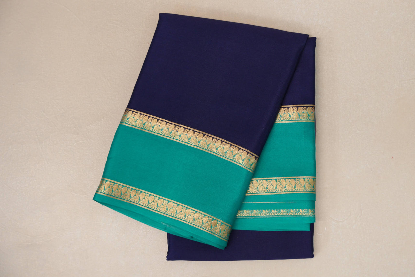 Deep Navy Blue with Aqua Green Borders Mysore Silk Saree by Shreenivas Silks PSSR019011