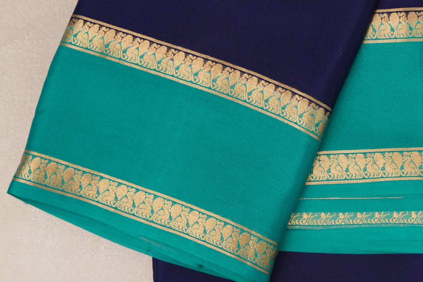 Deep Navy Blue with Aqua Green Borders Mysore Silk Saree by Shreenivas Silks PSSR019011