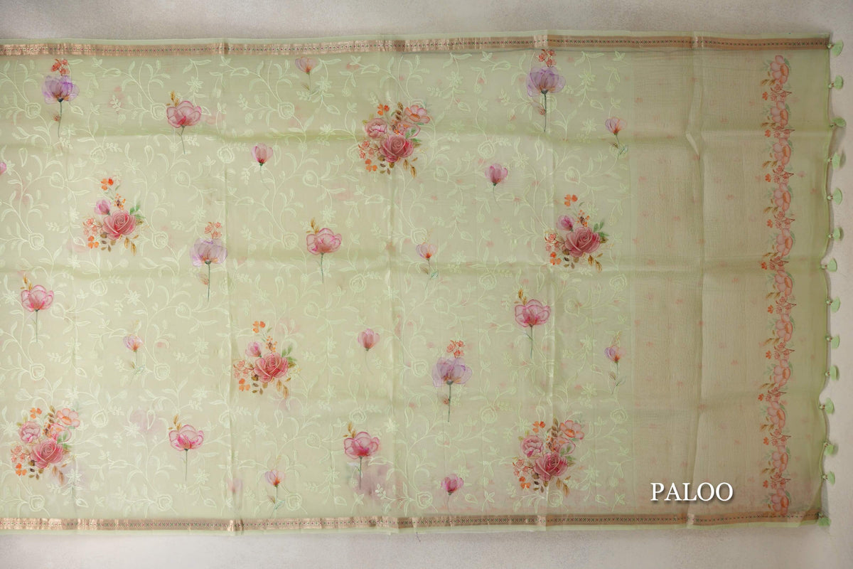 Pastel Pista Green Organza Silk Saree paloo