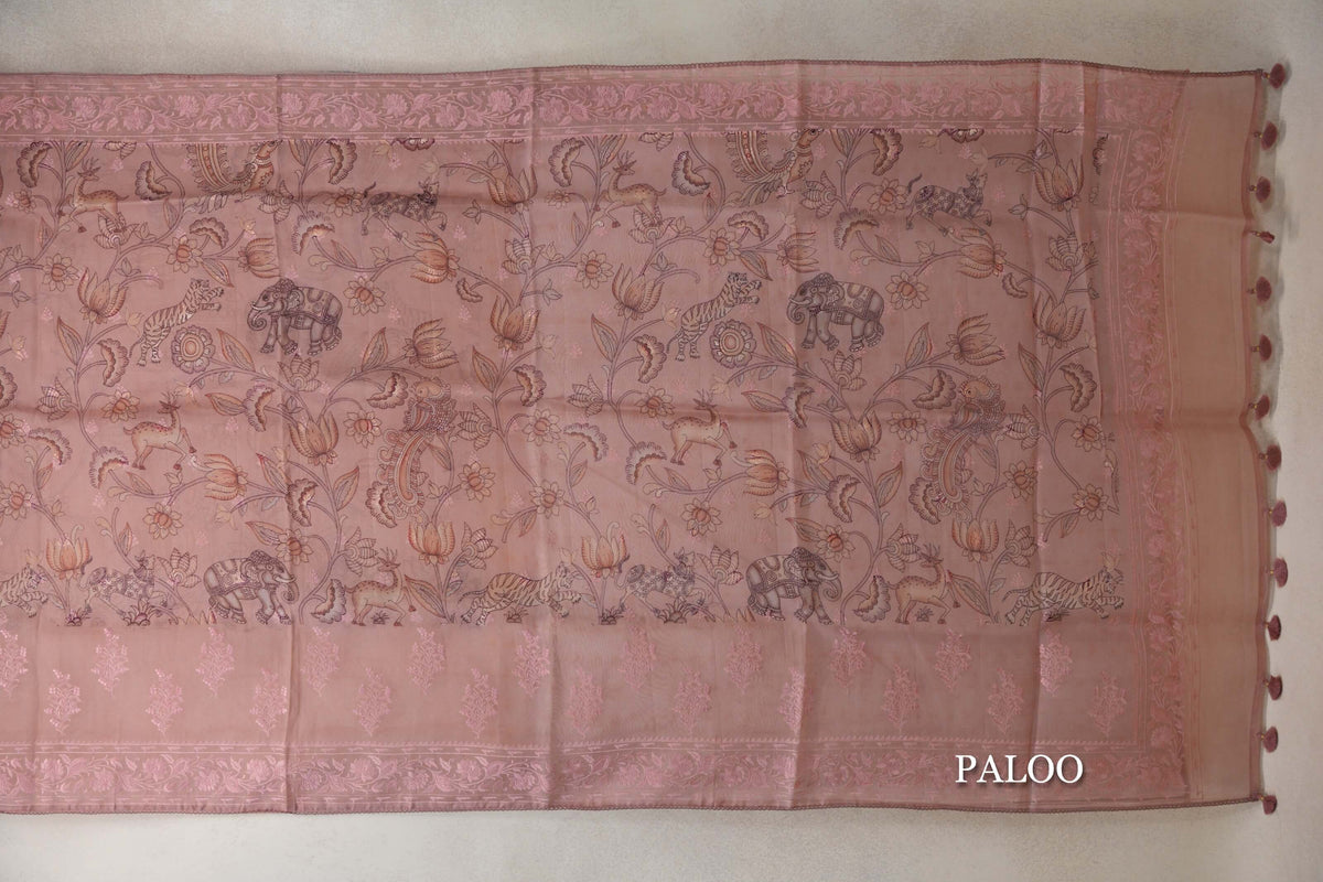 Dusty Peach Pink Organza Silk Saree paloo