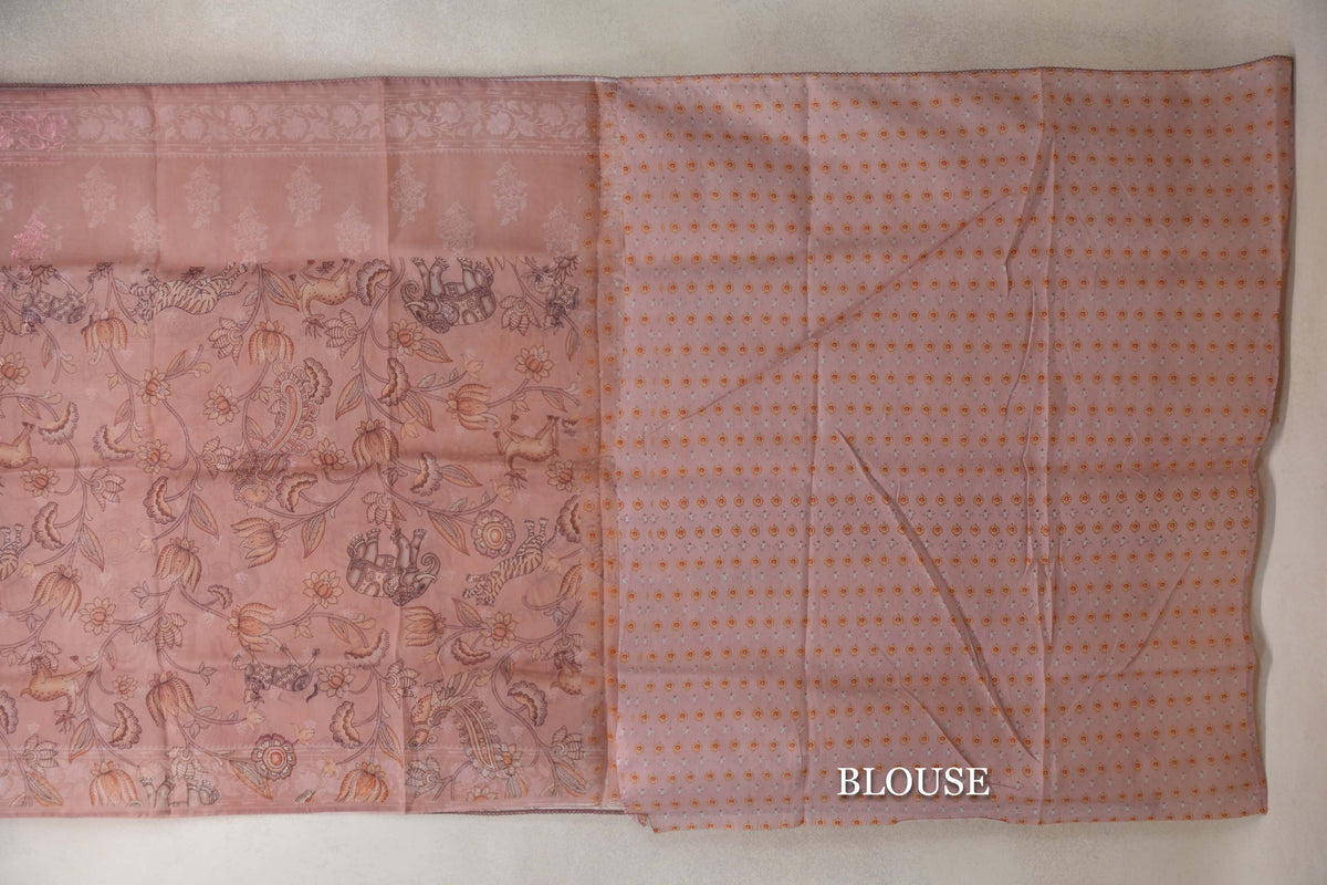 Dusty Peach Pink Organza Silk Saree  blouse