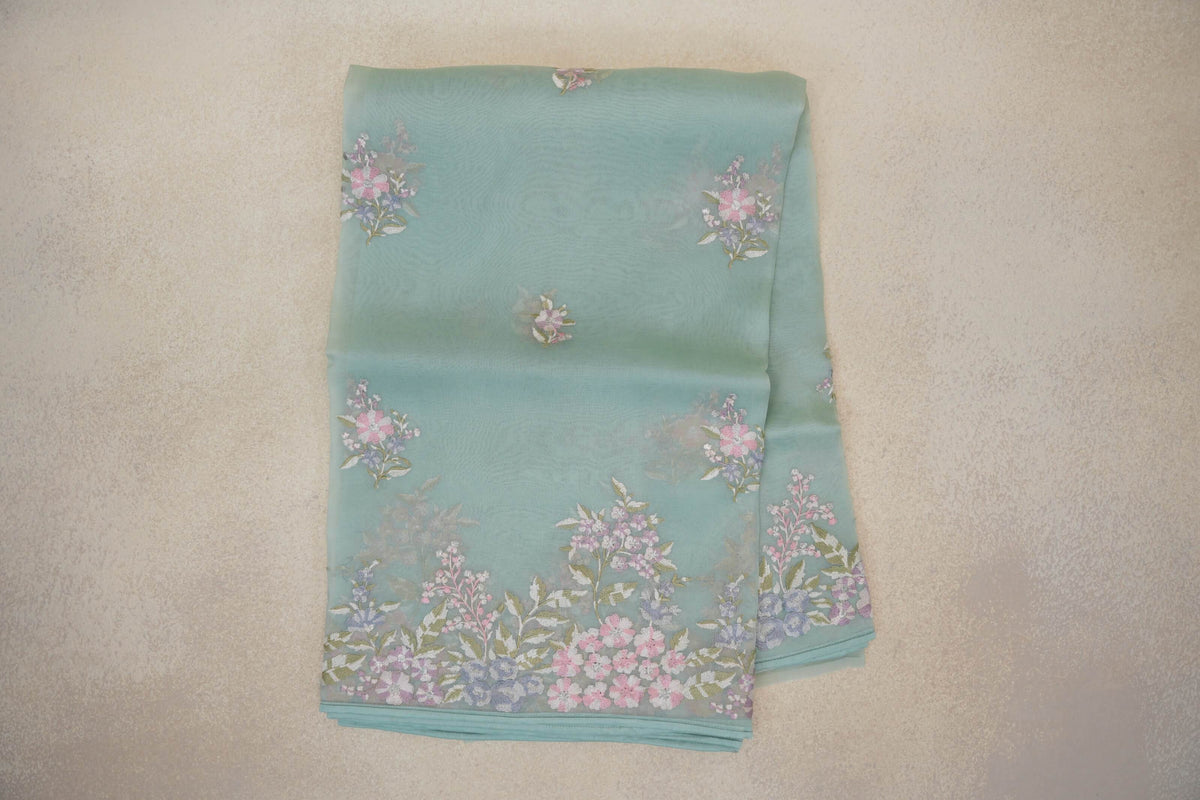 Pastel Aqua Green Organza Silk Saree