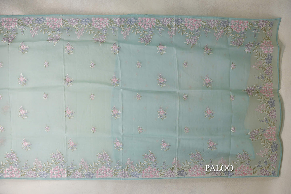 Pastel Aqua Green Organza Silk Saree paloo