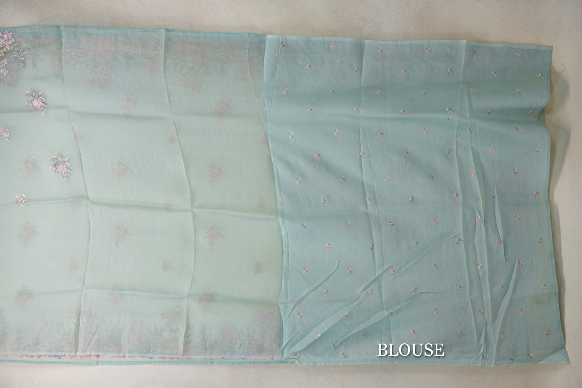 Pastel Aqua Green Organza Silk Saree blouse