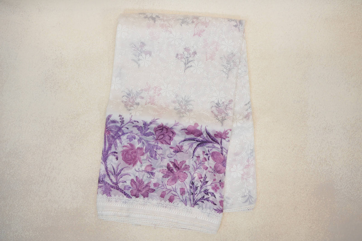Pearl White with Purple Floral Design Borders Organza Silk Saree