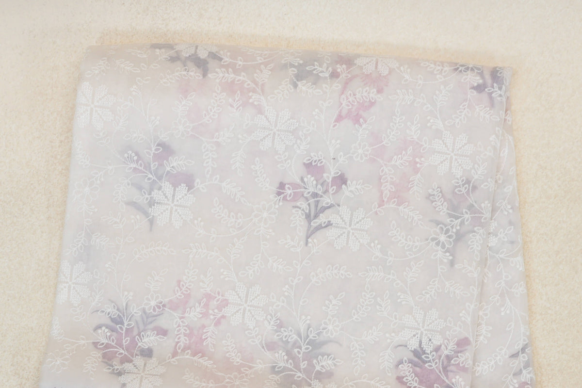 Pearl White with Purple Floral Design Borders Organza Silk Saree body