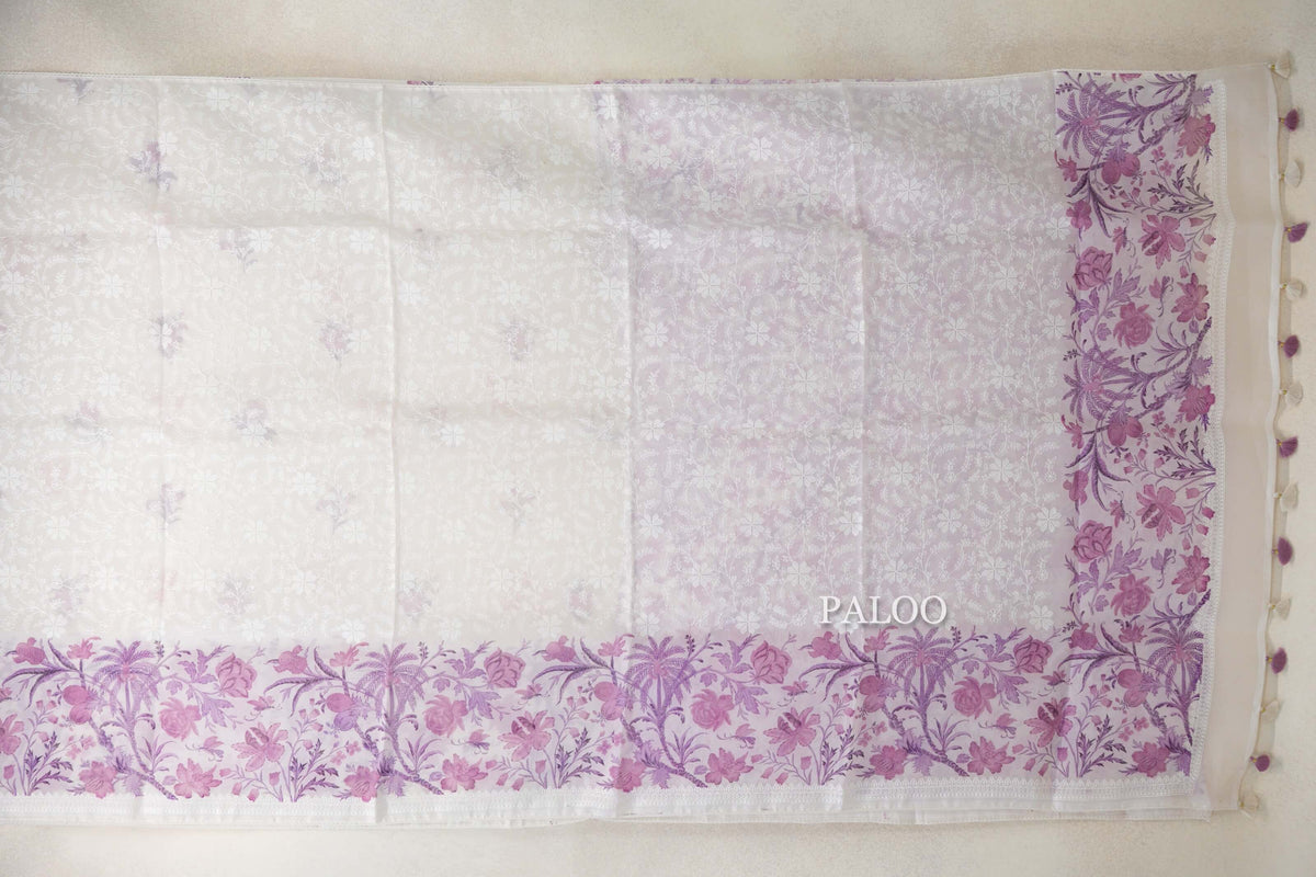 Pearl White with Purple Floral Design Borders Organza Silk Saree paloo