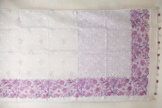 Pearl White with Purple Floral Design Borders Organza Silk Saree paloo