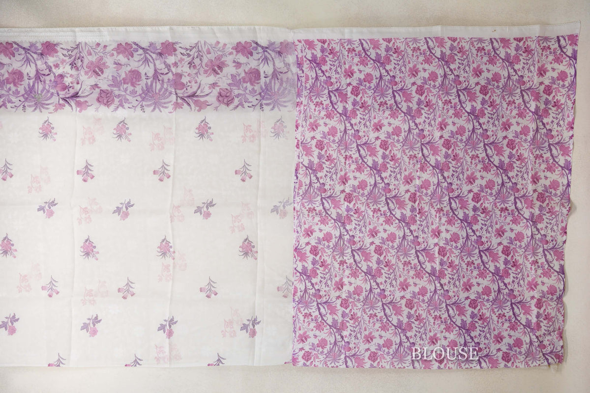 Pearl White with Purple Floral Design Borders Organza Silk Saree blouse