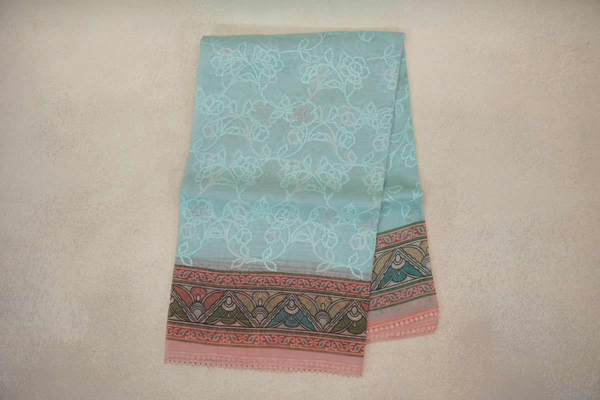 Pastel Aqua Blue with Multi Color Borders Organza Silk Saree