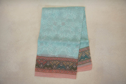 Pastel Aqua Blue with Multi Color Borders Organza Silk Saree