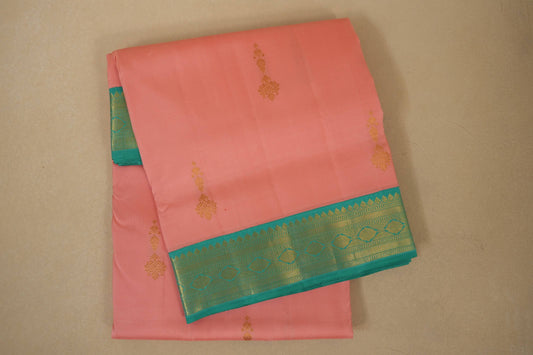 Peach Pink with rama green borders Ten yards silk saree by Shreenivas silks PSSR017974