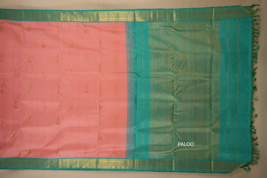 Peach Pink with rama green borders Ten yards silk saree by Shreenivas silks PSSR017974