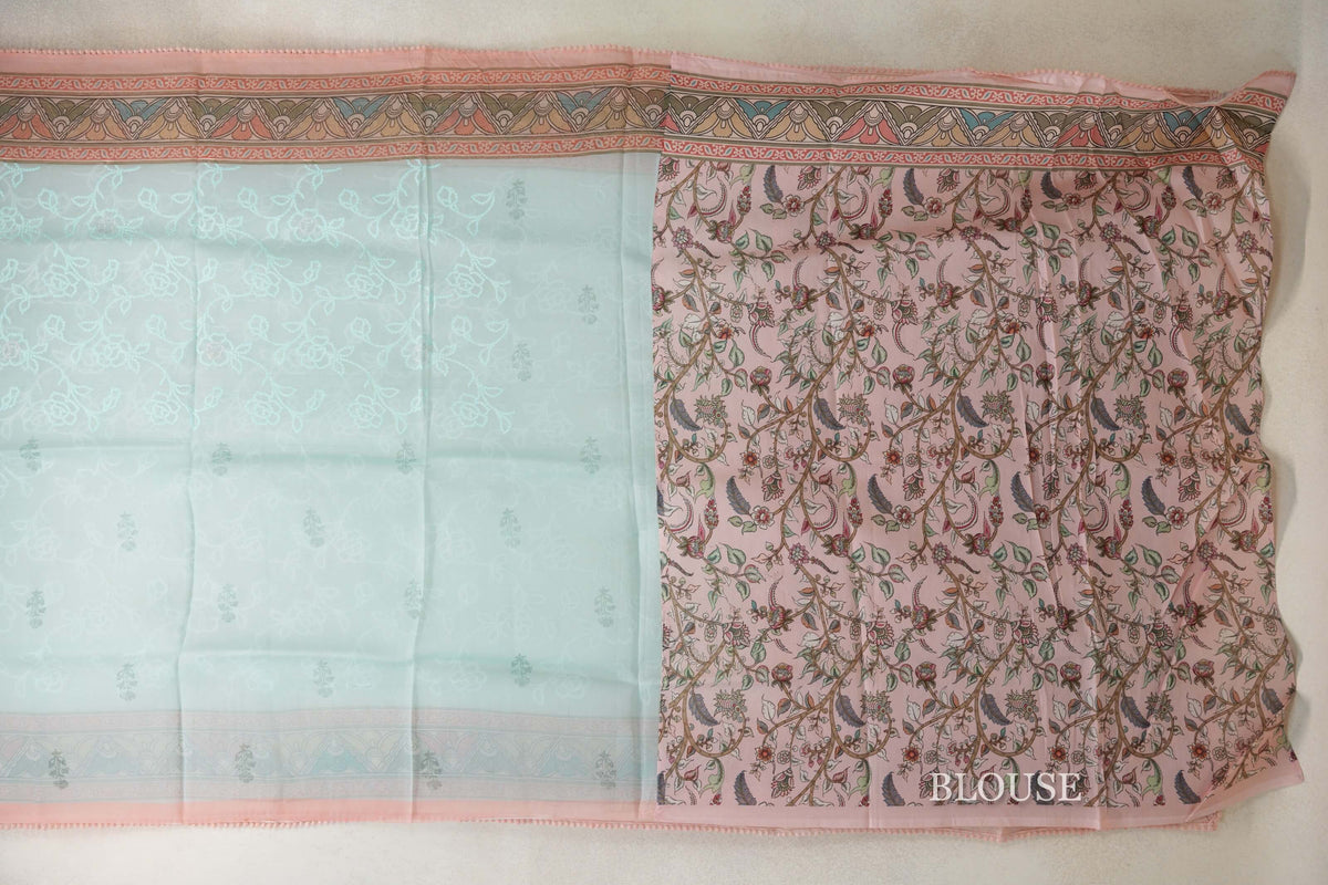 Pastel Aqua Blue with Multi Color Borders Organza Silk Saree blouse