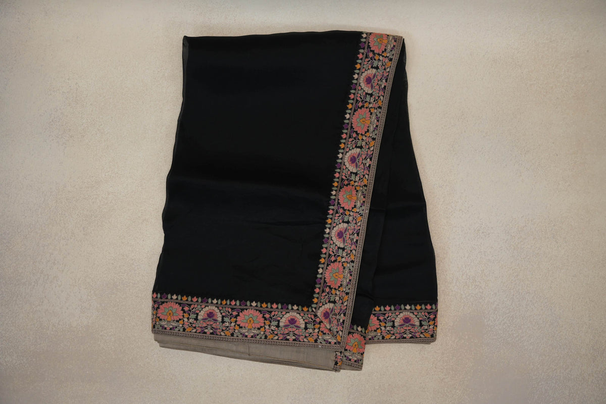 Black with Multi Color Borders Organza Silk Saree
