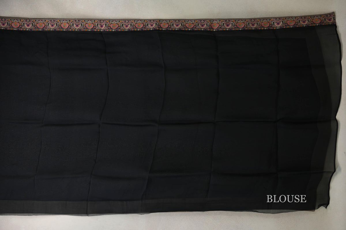 Black with Multi Color Borders Organza Silk Saree blouse