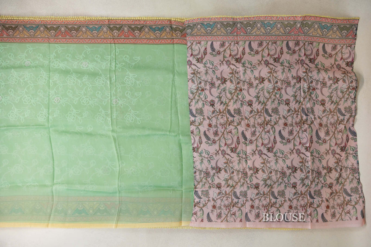 Pastel Green with Multi Color Borders Organza Silk Saree blouse