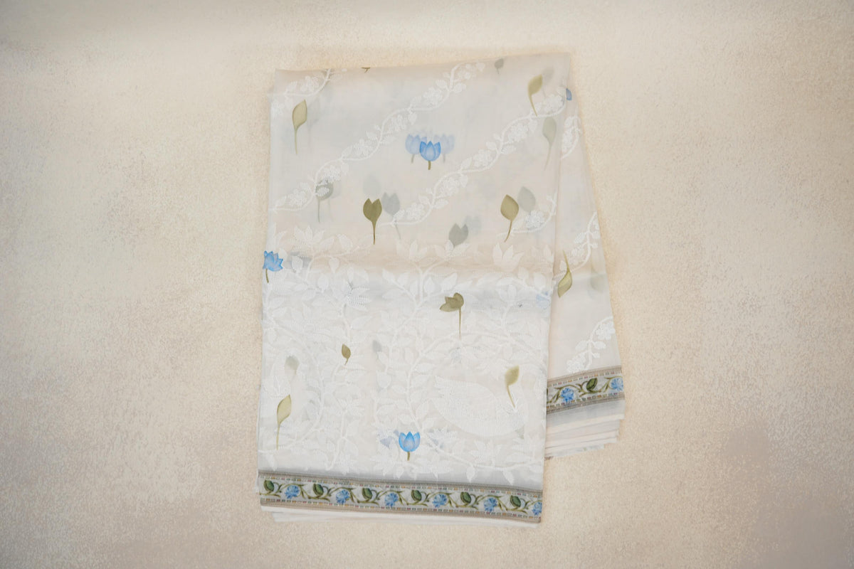 Ivory White with Multi Color Borders Organza Silk Saree 
