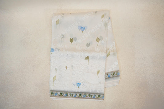 Ivory White with Multi Color Borders Organza Silk Saree 