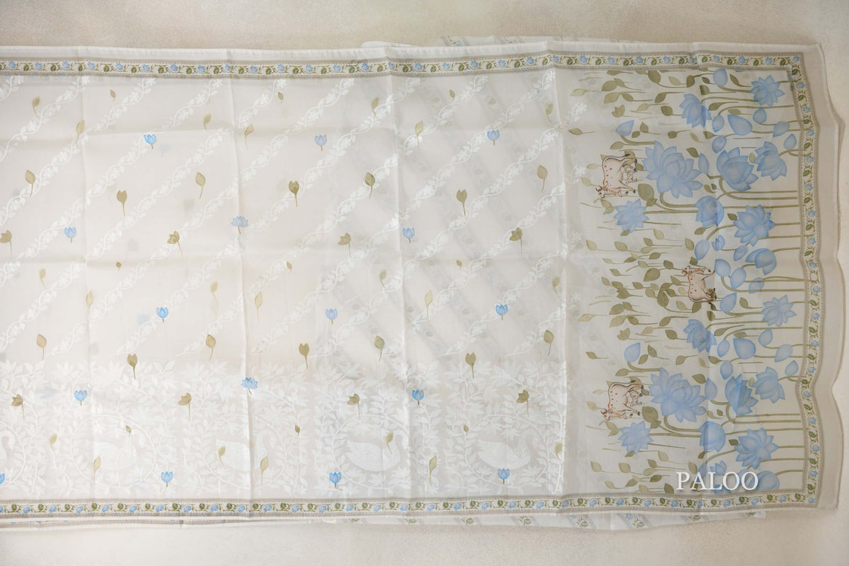 Ivory White with Multi Color Borders Organza Silk Saree paloo
