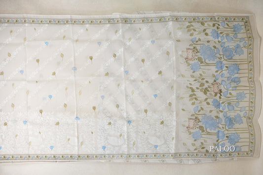 Ivory White with Multi Color Borders Organza Silk Saree paloo