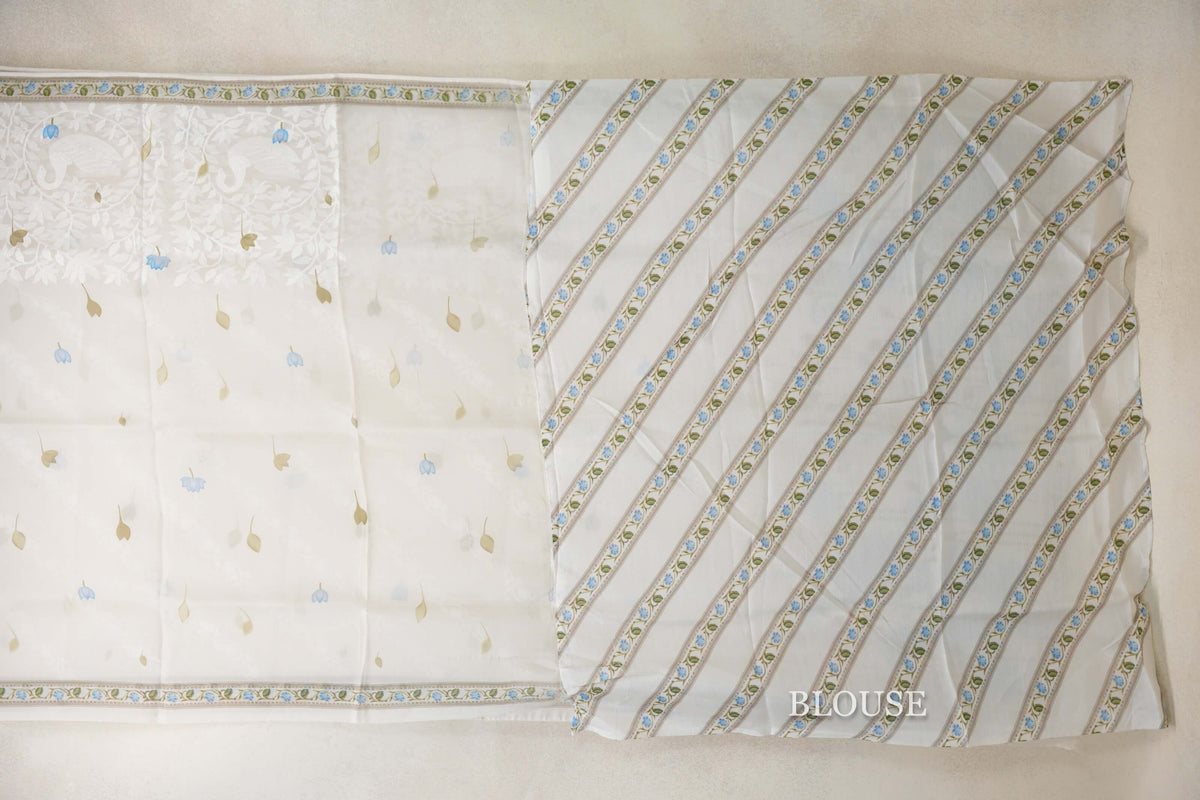 Ivory White with Multi Color Borders Organza Silk Saree blouse