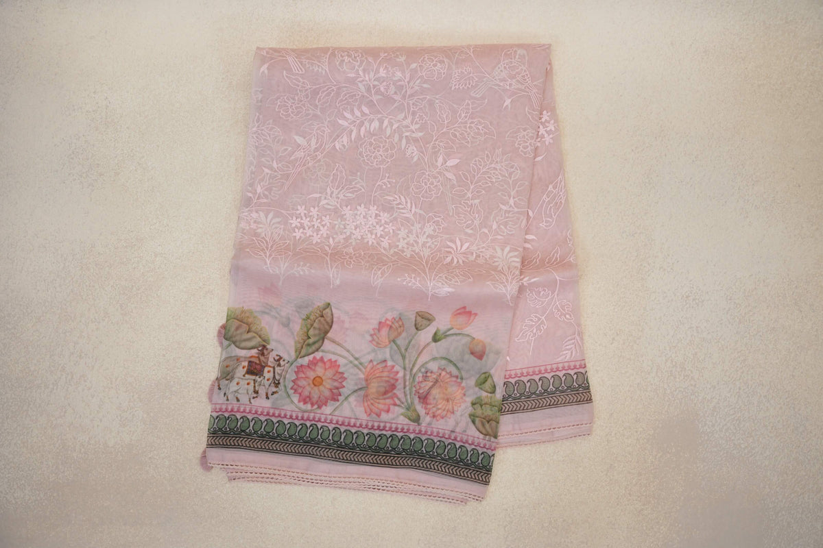 Pastel Pink with Multi Color Borders Organza Silk Saree