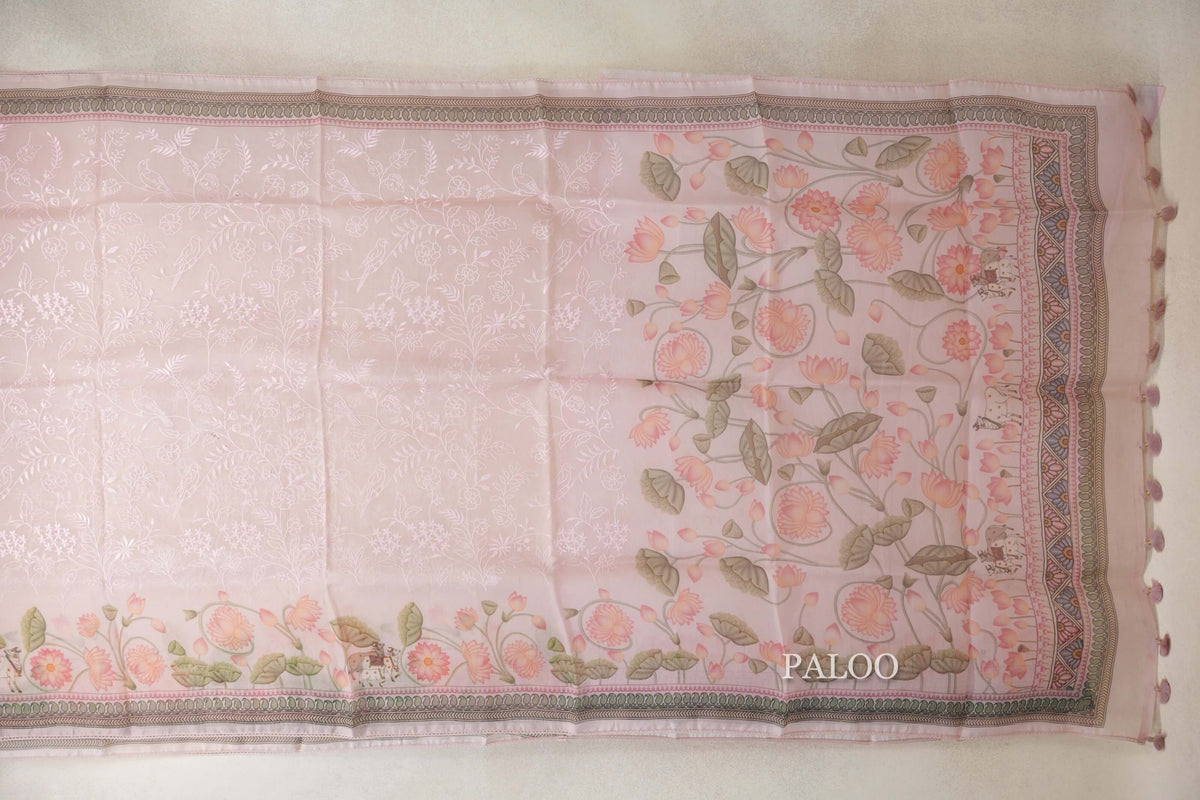 Pastel Pink with Multi Color Borders Organza Silk Saree paloo
