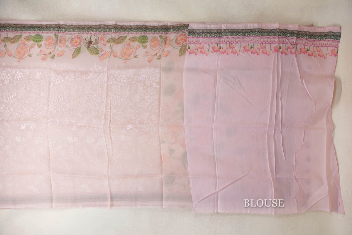 Pastel Pink with Multi Color Borders Organza Silk Saree blouse