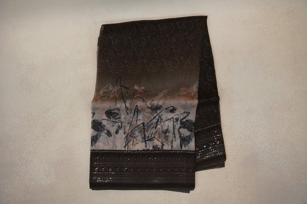 Multi Color with Coffee Bean Brown Borders Organza Silk Saree