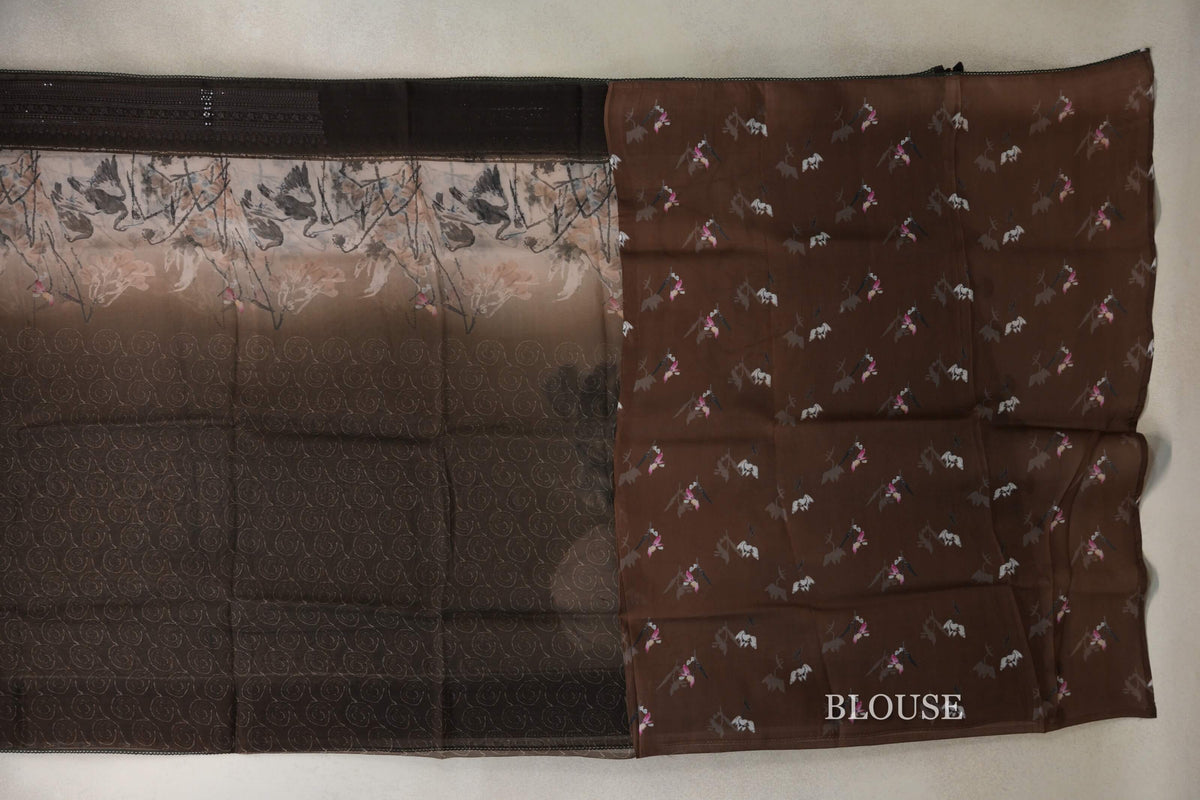 Multi Color with Coffee Bean Brown Borders Organza Silk Saree blouse