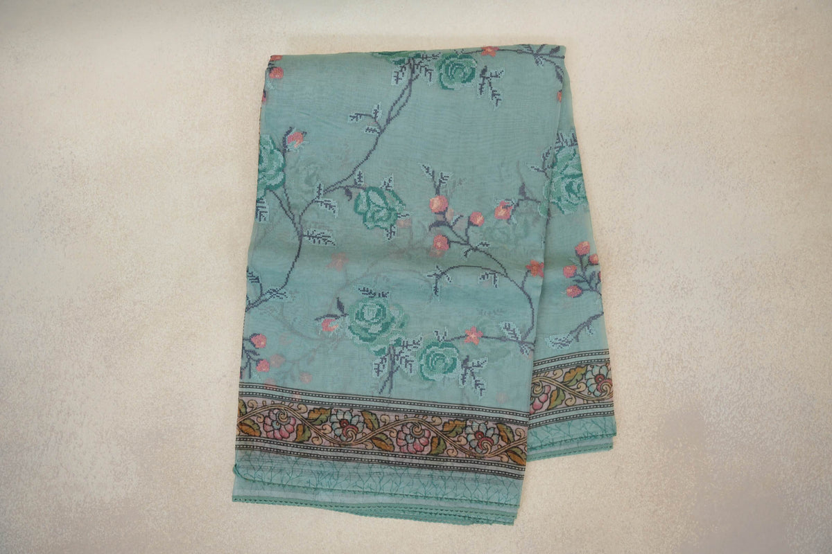 Pastel Aqua Green with Multi color Borders Organza Silk Saree