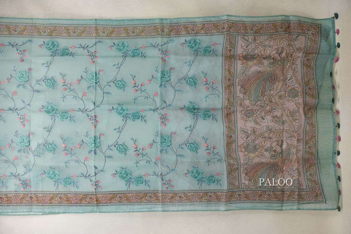 Pastel Aqua Green with Multi color Borders Organza Silk Saree paloo