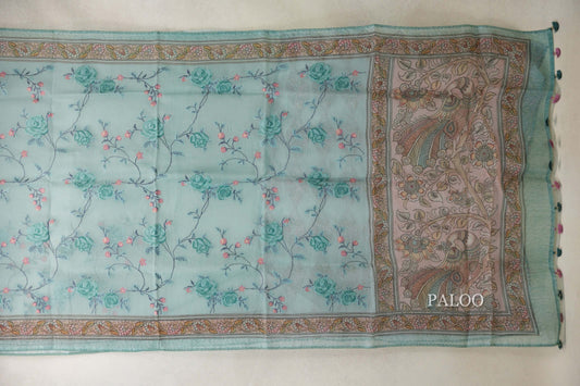 Pastel Aqua Green with Multi color Borders Organza Silk Saree paloo