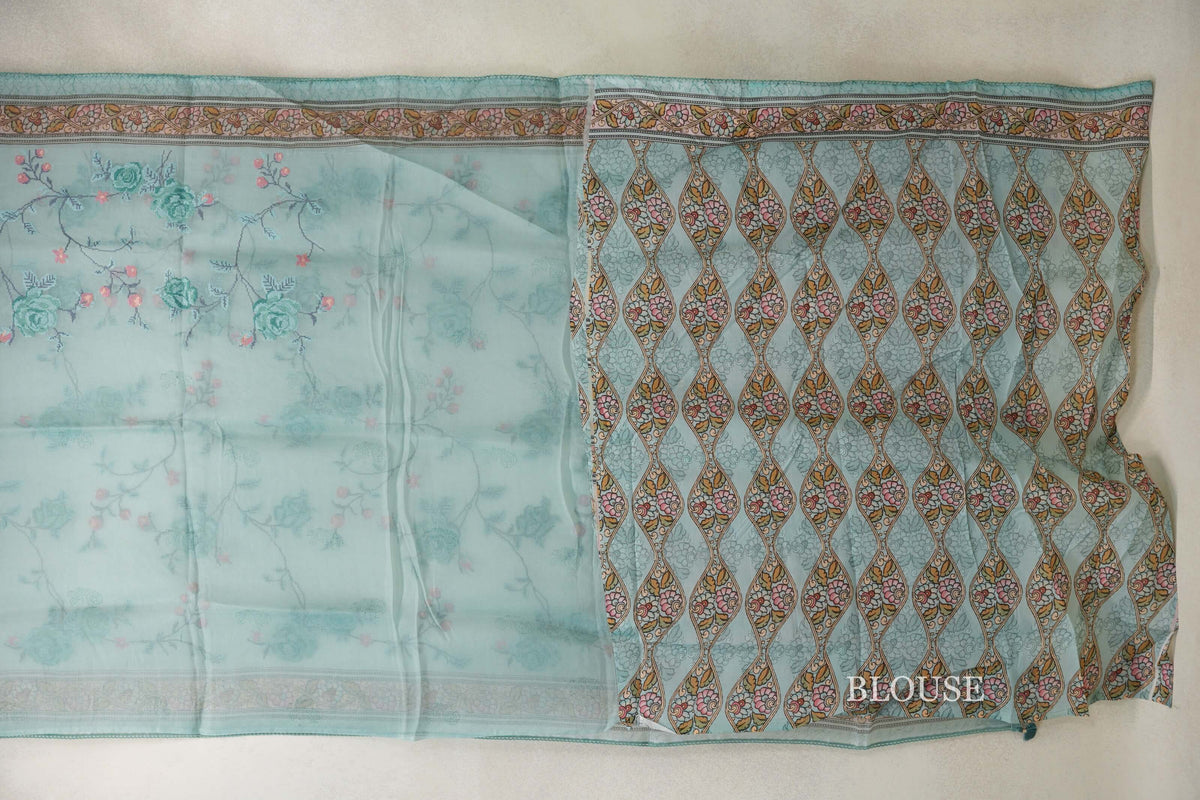 Pastel Aqua Green with Multi color Borders Organza Silk Saree blouse