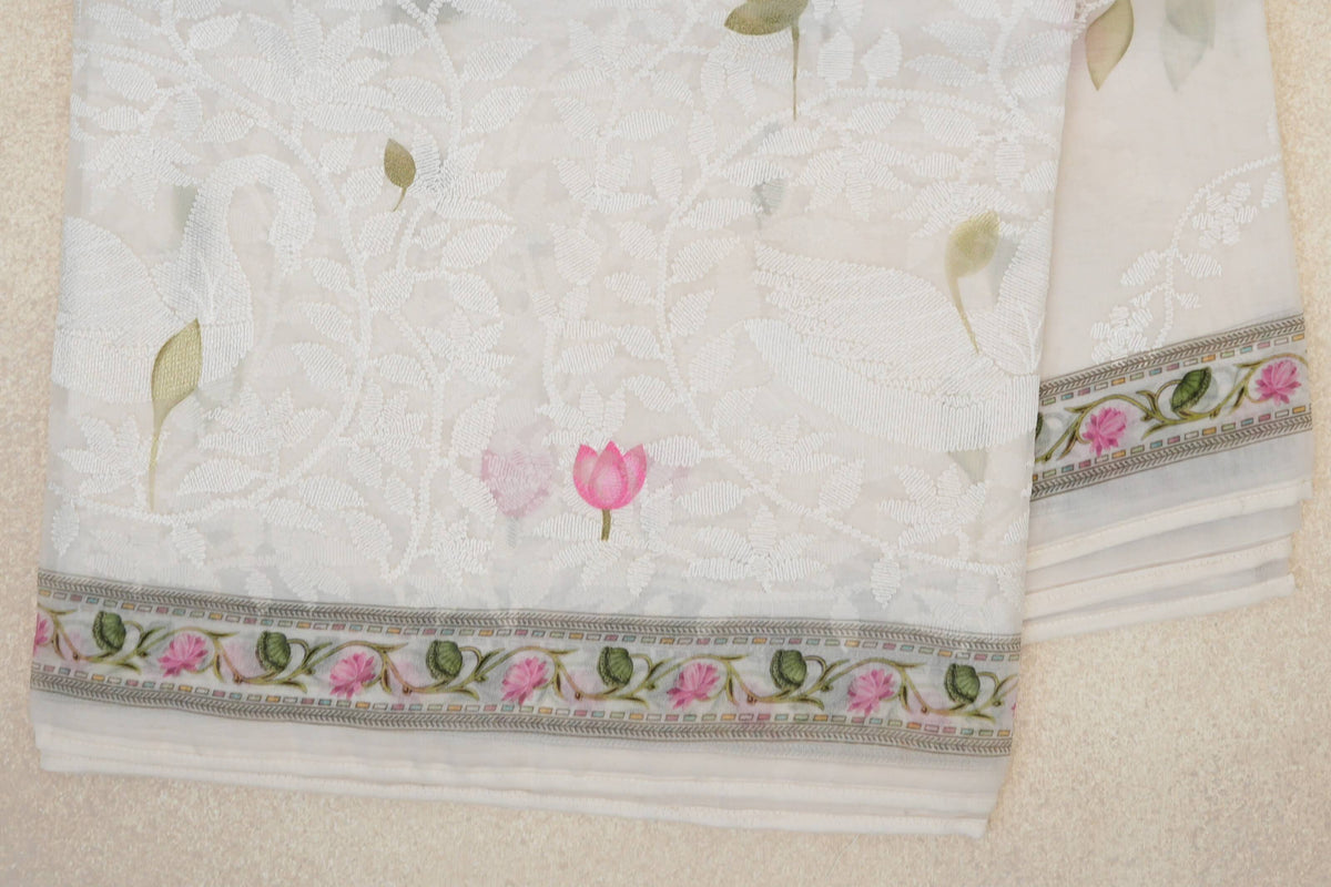 Ivory White with Multi color Borders Organza Silk Saree borders