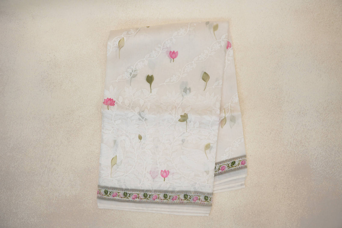 Ivory White with Multi color Borders Organza Silk Saree