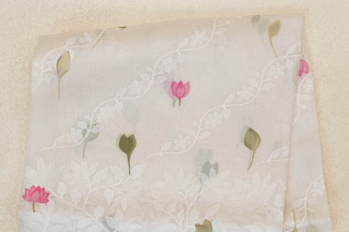 Ivory White with Multi color Borders Organza Silk Saree body