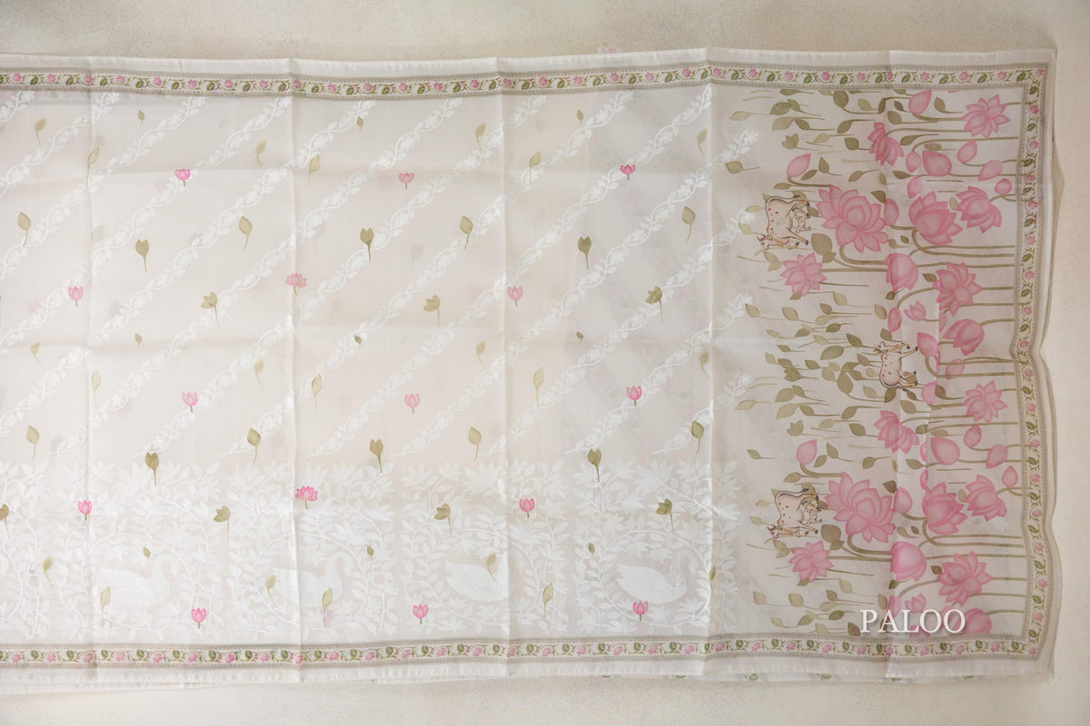 Ivory White with Multi color Borders Organza Silk Saree paloo