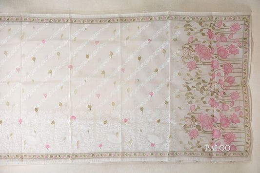 Ivory White with Multi color Borders Organza Silk Saree paloo