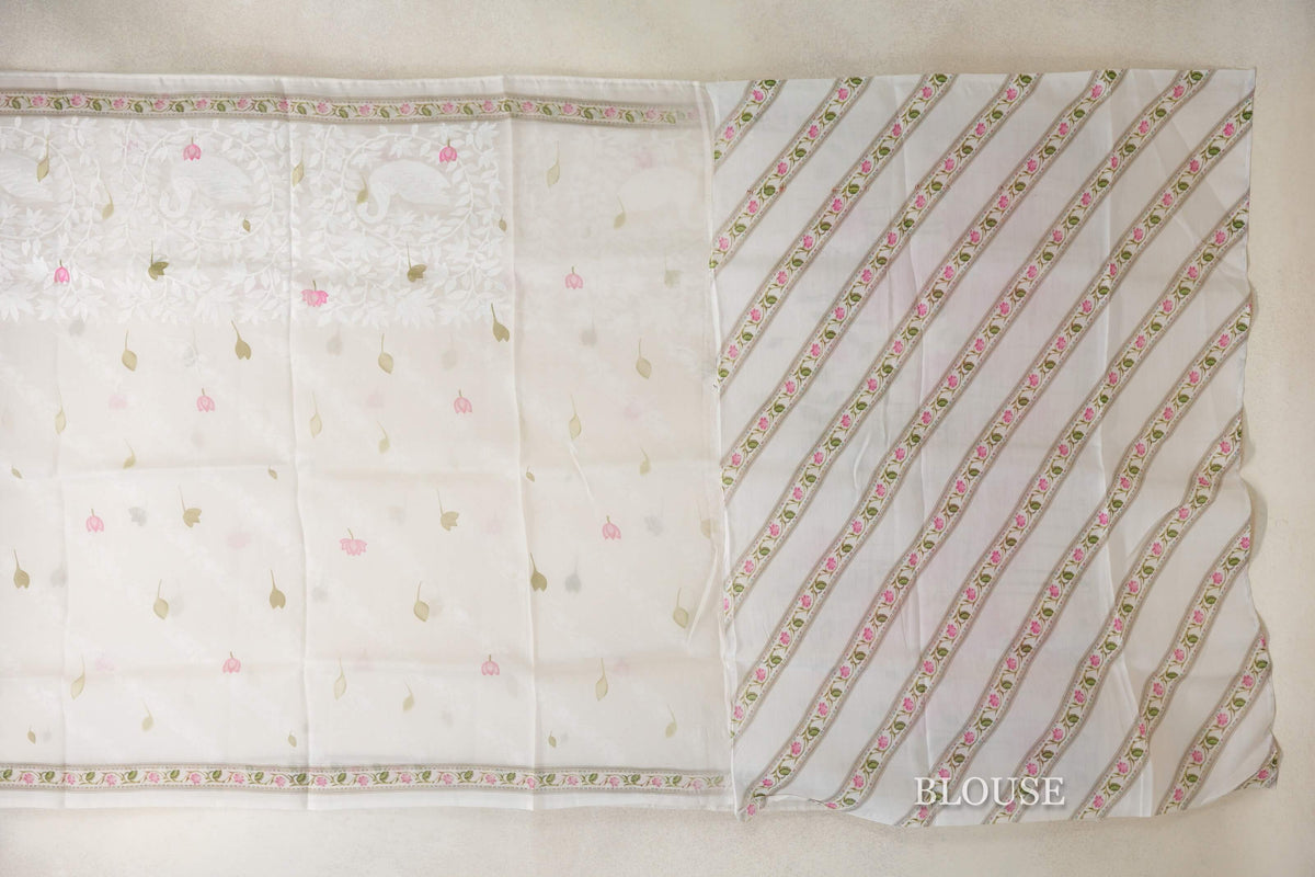 Ivory White with Multi color Borders Organza Silk Saree blouse