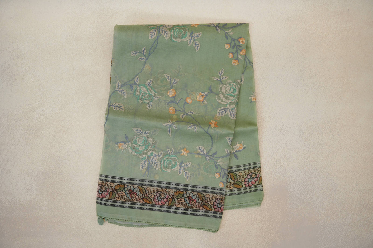 Sage Green with Multi color Borders Organza Silk Saree