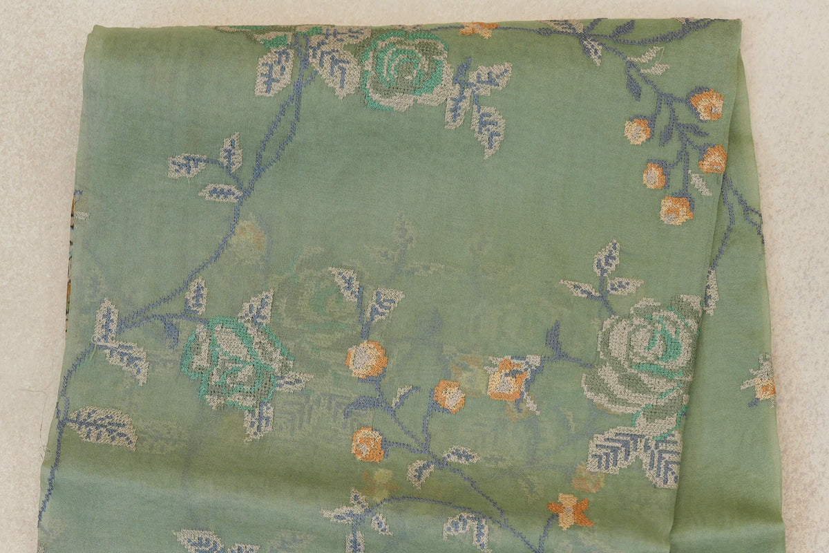 Sage Green with Multi color Borders Organza Silk Saree body