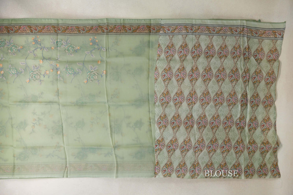 Sage Green with Multi color Borders Organza Silk Saree blouse