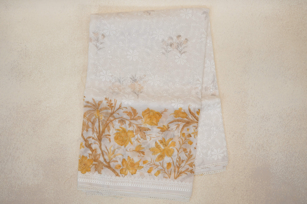 Pearl White with Mustard Yellow Floral Design Borders Organza Silk Saree