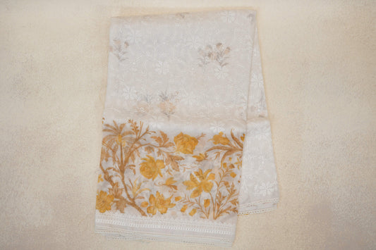 Pearl White with Mustard Yellow Floral Design Borders Organza Silk Saree